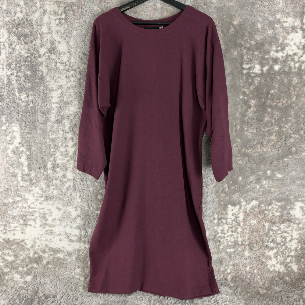 Eileen Fisher Size 1 Wool Crepe Minimalist Shift Dress Maroon Long Sleeve Women